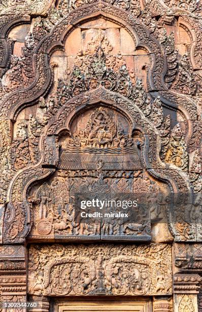 indra scatters rain bas reliefs from banteay srei temple in angkor, cambodia - bas rhin stock pictures, royalty-free photos & images