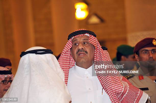Saudi deputy Defense Minister Khalid bin Sultan attends the funeral of his father, late Saudi Crown Prince Sultan bin Abdel Aziz, at Imam Turki bin...