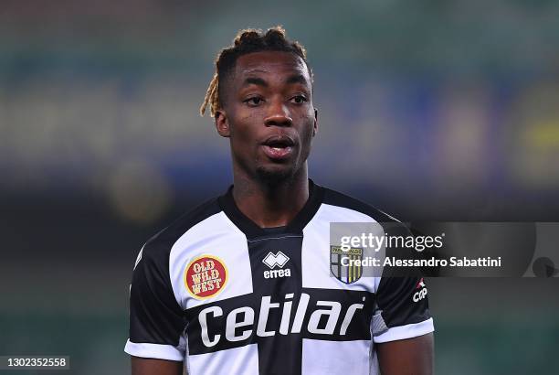 Yann Karamoh of Parma Calcio looks on during the Serie A match between Hellas Verona FC and Parma Calcio at Stadio Marcantonio Bentegodi on February...