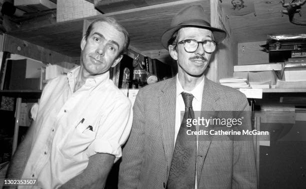 Robert Williams and Robert Crumb pose for a photo at the opening reception of a show of Zap comix artists at the Psychedelic Solution gallery on June...