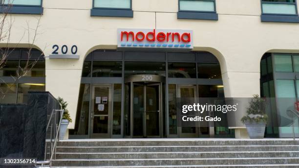 Facade with logo and snow at headquarters of pharmaceutical company Moderna in Cambridge, Massachusetts, February 13, 2021. Photographer credit...