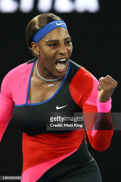 Serena Williams of the United States celebrates after winning a point in her Women's Singles Quarterfinals match against Simona Halep of Romania...