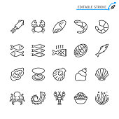 Seafood line icons. Editable stroke. Pixel perfect.
