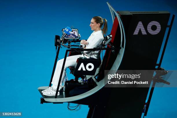 Chair umpire Aurelie Tourte is seen in the Men's Singles Quarterfinals match between Novak Djokovic of Serbia and Alexander Zverev of Germany during...