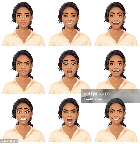 ilustraciones, imágenes clip art, dibujos animados e iconos de stock de mujer joven en blusa retrato - emociones - expresión facial mujer