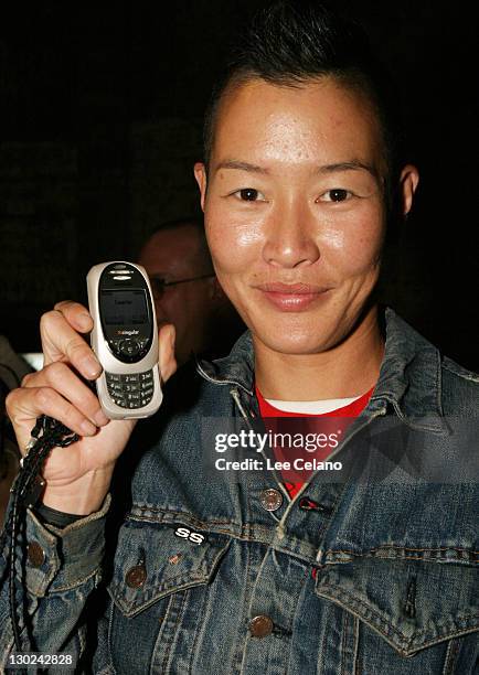 Jenny Shimizu with Siemens SL56 mobile phone during Mercedes-Benz Shows LA Fashion Week Spring 2004 - Siemens SL56 Mobile Phone at Mercedes-Benz...