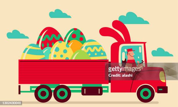 ilustrações de stock, clip art, desenhos animados e ícones de smiling driver driving a truck which has easter bunny ears delivering easter eggs and giving a thumbs-up - fantasia de coelho