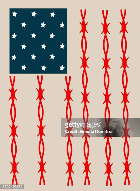 illustration of the american flag with barbed wire as its stripes for the idea of tyrannical regime - deportation stock pictures, royalty-free photos & images