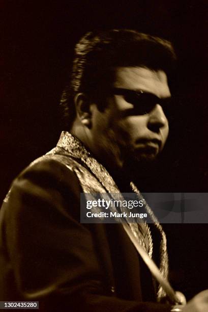 Cesar Rosas plays the guitar in a Los Lobos concert at the Paramount Theatre on November 5, 1987 in Denver, Colorado. Los Lobos is an American rock...