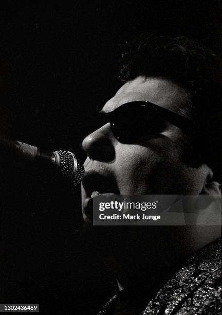 Cesar Rosas sings in a Los Lobos concert at the Paramount Theatre on November 5, 1987 in Denver, Colorado. Los Lobos is an American rock band...