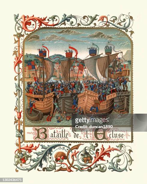 ilustraciones, imágenes clip art, dibujos animados e iconos de stock de batalla de sluys (bataille de l'ecluse), batalla naval medieval - hundred years war