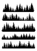 Set of fir trees silhouettes. Coniferous spruce horizontal background patterns, black evergreen woods vector illustration. Beautiful hand drawn panoramas of a coniferous forest