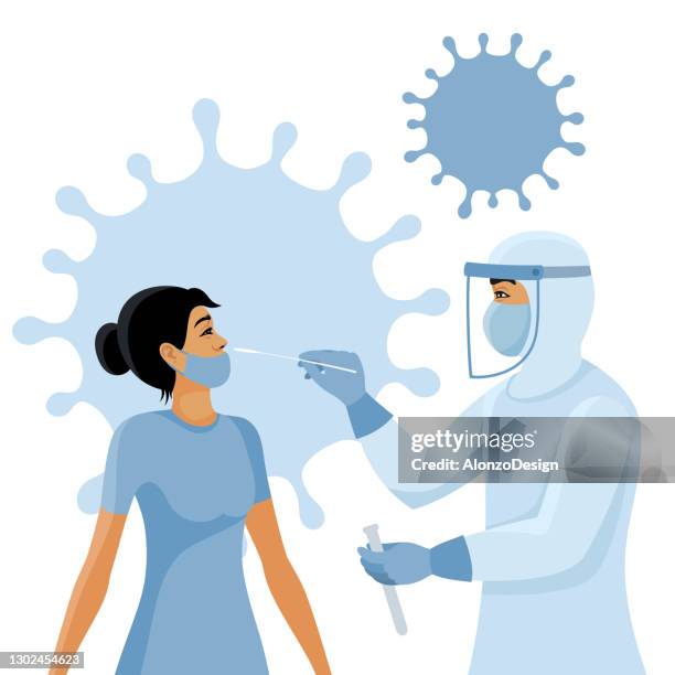 arzt testet patient auf mögliche coronavirus-infektion - schmecken stock-grafiken, -clipart, -cartoons und -symbole