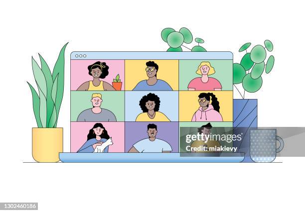 video conference on laptop - house plant white background stock illustrations