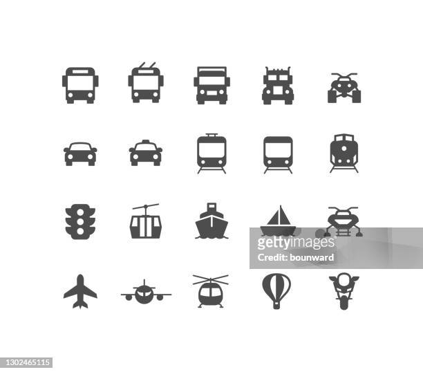 illustrazioni stock, clip art, cartoni animati e icone di tendenza di icone di trasporto piatte - mezzo di trasporto