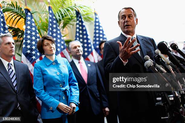 Speaker of the House John Boehner talks with reporters after a House Republican Caucus Meeting with Rep. Kevin McCarthy , Rep. Cathy McMorris Rodgers...