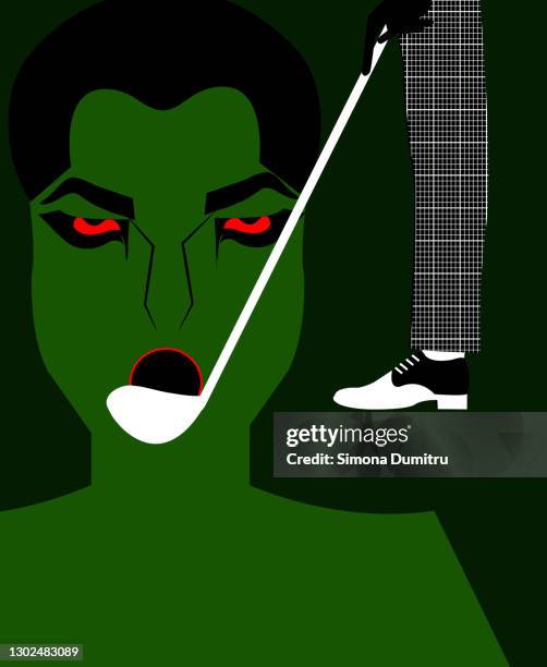 illustration of a green  man shouting with his mouth in the shape of a golf ball and another man hitting the ball - pfeife natur stock-fotos und bilder