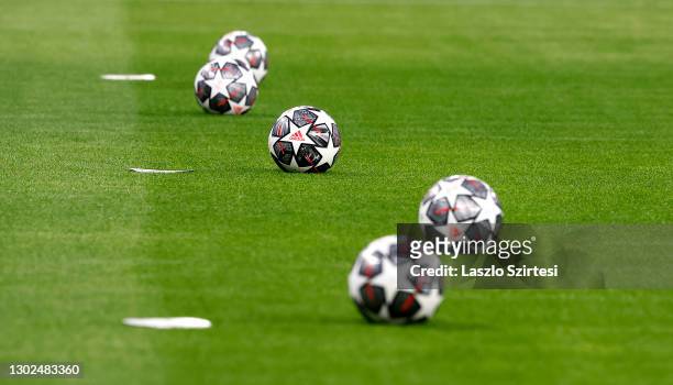 Adidas Finale Istanbul 21 balls are seen on the pitch prior to the UEFA Champions League Round of 16 match between RB Leipzig and Liverpool FC at...