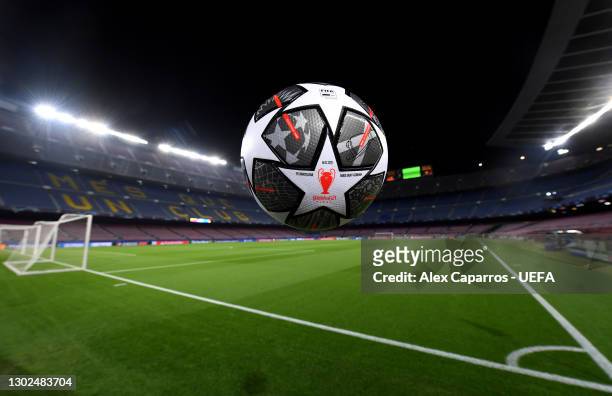 Detailed view of an Adidas Finale Istanbul 21 ball pictured at the side of the pitch prior to the UEFA Champions League Round of 16 match between FC...