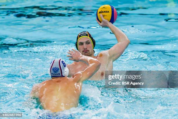 Ivan Nagaev of Russia and Fynn Schuetze of Germany during the Olympic Waterpolo Qualification Tournament 2021 match between Russia and Germany at...