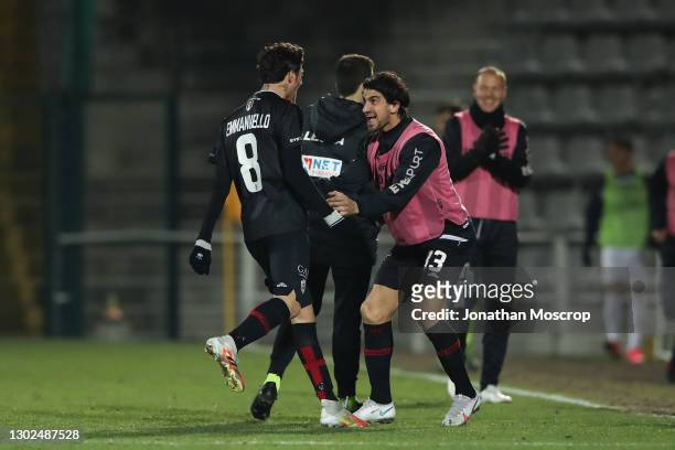 Simone Emmanuello of Pro Vercelli celebrates with Rocco Costantino after scoring to give the side a 2-0 lead during the Lega Pro Serie C match...