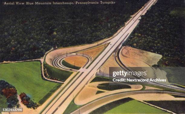 Vintage souvenir linen postcard published circa 1944 in the series, 'The Pennsylvania Turnpike, the World's Greatest Highway,' depicting an aerial...