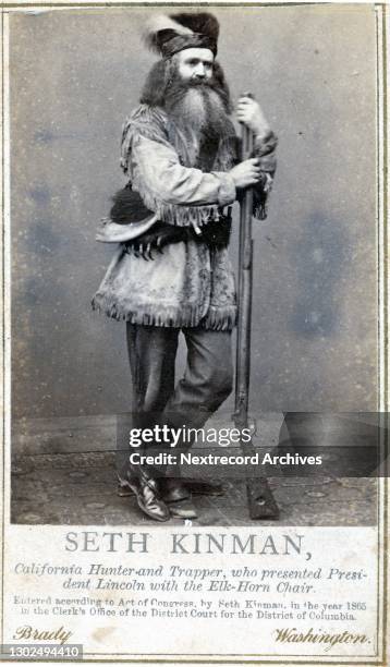 Carte de visite studio portrait taken in 1864 by famed Civil War photographer Matthew Brady portraying Hunter and Trapper of California's Wild West...