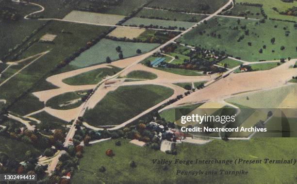 Vintage souvenir linen postcard published circa 1944 in the series, 'The Pennsylvania Turnpike, the World's Greatest Highway,' depicting an aerial...