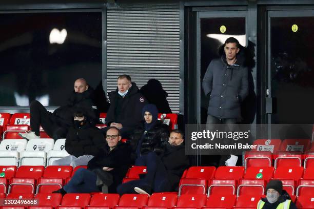 Gary Neville, Nicky Butt, Paul Scholes and Ryan Giggs Co-owners of Salford City watch from the stands of the Sky Bet League Two match between Salford...