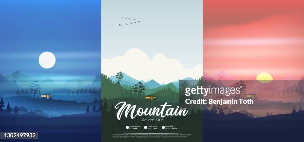 caravan campsite in the morning, midday, and at night - camping car stock illustrations