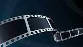 Realistic 3d Film strip cinema on blue background with place for text. Modern 3d isometric film strip in perspective. Vector cinema festival. Movie template for festival poster, backdrop, brochure.