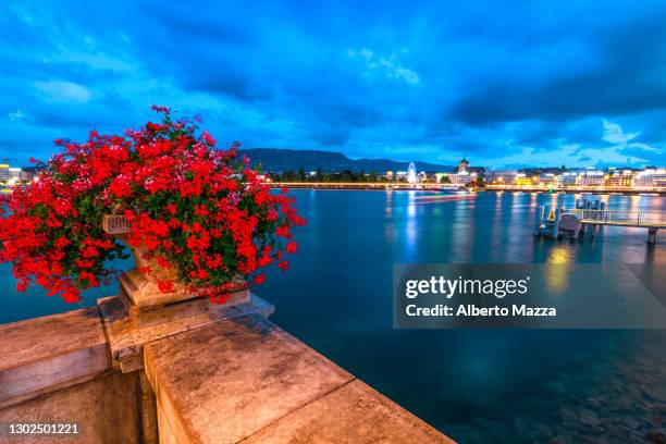 geneva skyline night - geneva skyline stock pictures, royalty-free photos & images