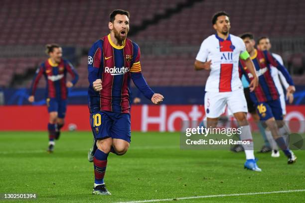 Lionel Messi of FC Barcelona celebrates after scoring their side's first goal during the UEFA Champions League Round of 16 match between FC Barcelona...