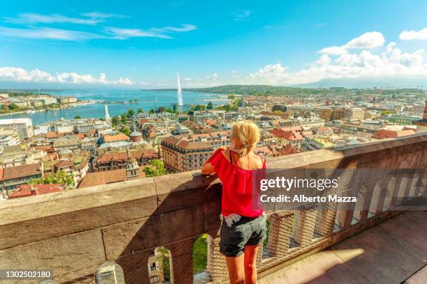 woman tourist at geneva aerial - ginevra foto e immagini stock