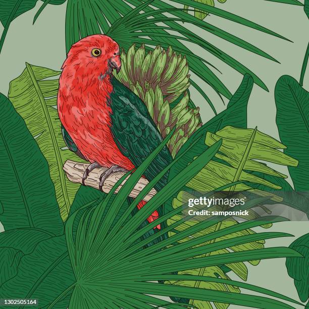 tropical banana leaf seamless pattern - australian birds stock illustrations