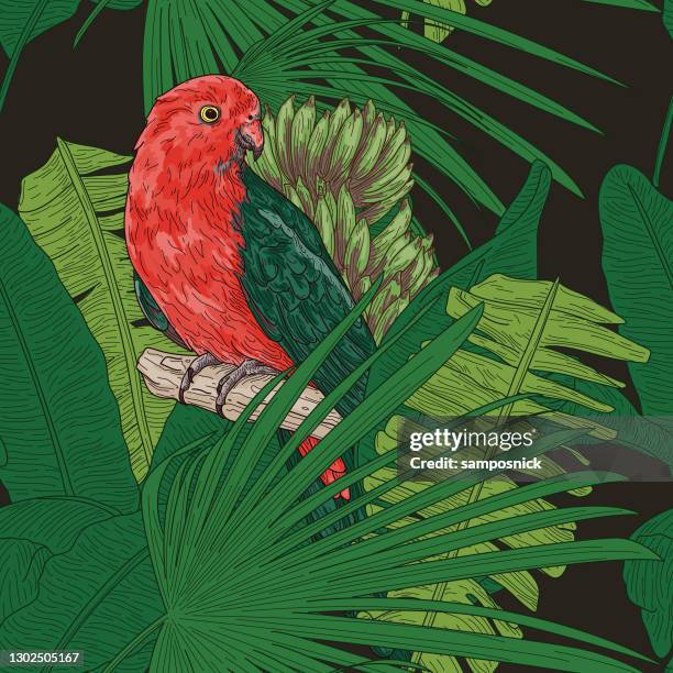 tropical banana leaf seamless pattern - australian king parrot stock illustrations