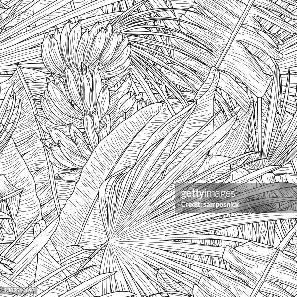 black and white tropical banana leaf seamless pattern - banana leaf illustration stock illustrations