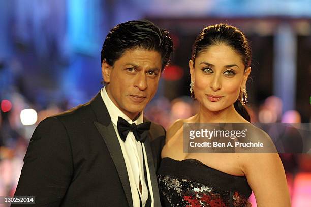 Shah Rukh Khan and Kareena Kapoor attends the UK premiere of RA One at 02 Arena on October 25, 2011 in London, England.