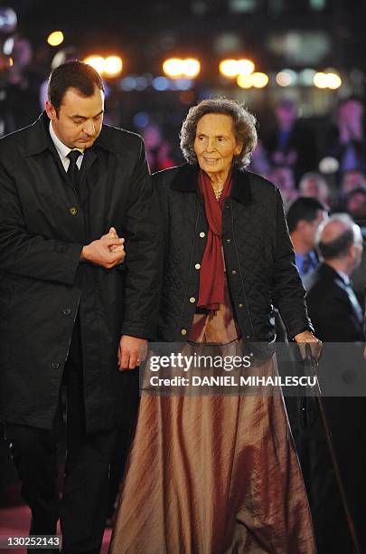 Queen Anne of Romania arrives at The National Opera to attends the celebration concert of King Michael I of Romania for his 90's anniversary in...