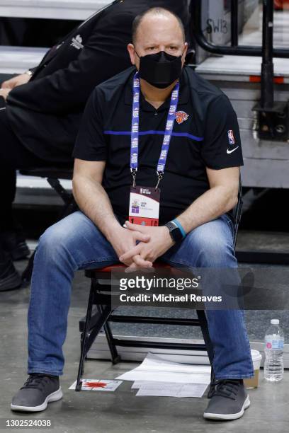 President Leon Rose of the New York Knicks looks on during the third quarter against the Miami Heat at American Airlines Arena on February 09, 2021...