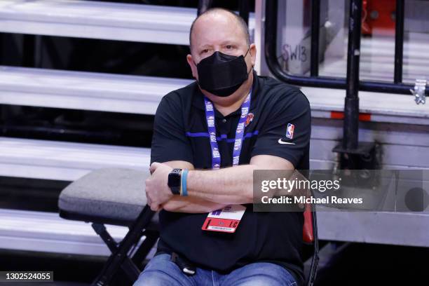 President Leon Rose of the New York Knicks looks on during the third quarter against the Miami Heat at American Airlines Arena on February 09, 2021...