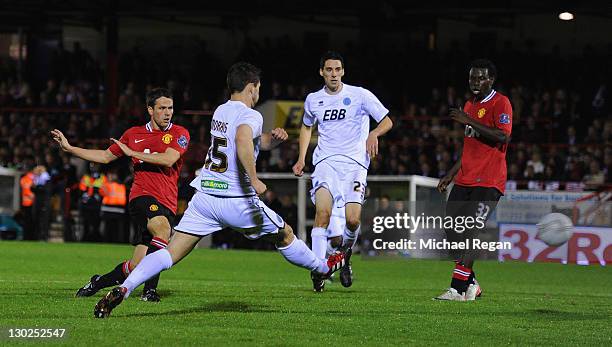 Michael Owen of Manchester United scores to make it 2-0 during the Carling Cup fourth round match between Aldershot Town and Manchester United at the...