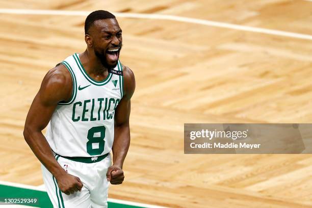 Kemba Walker of the Boston Celtics celebrates during the first quarter against the Denver Nuggets at TD Garden on February 16, 2021 in Boston,...