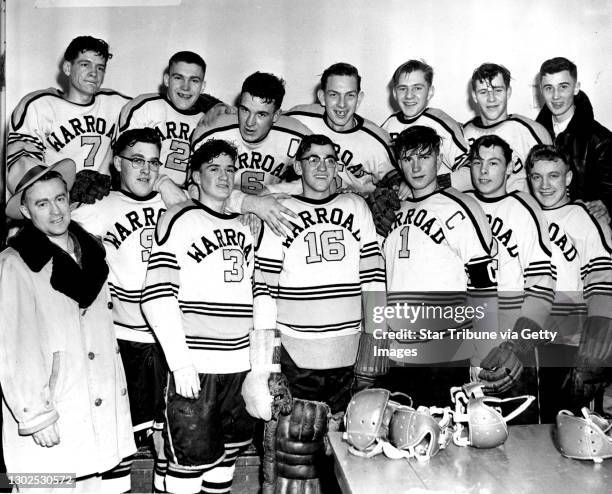 Members of the Warroad High School hockey team during the Minnesota State High School Hockey Tournament at the St. Paul Auditorium, February 20,...