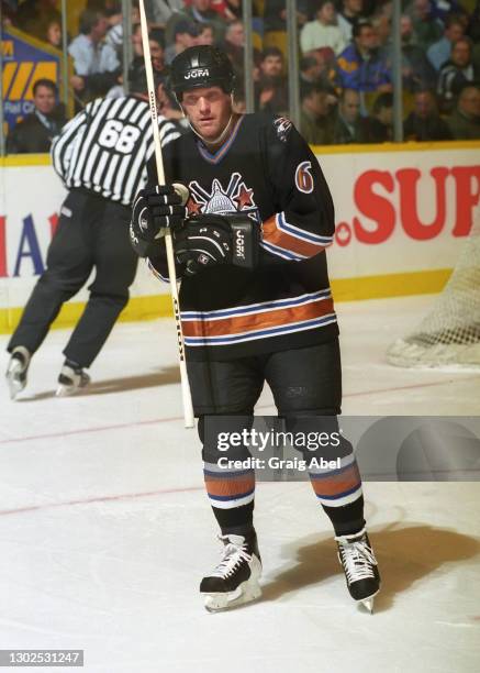 Calle Johansson of the Washington Capitals skates against the Toronto Maple Leafs during NHL game action on January 30, 1999 at Maple Leaf Gardens in...