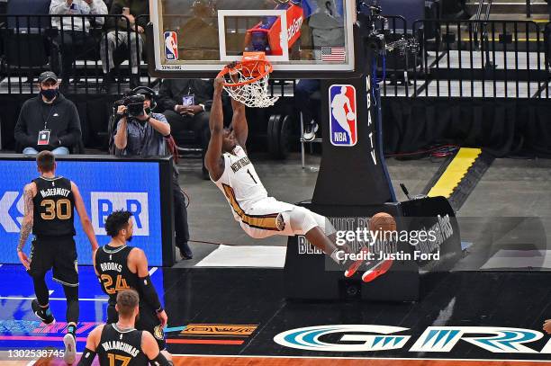 Zion Williamson of the New Orleans Pelicans dunks during the first half against the Memphis Grizzlies at FedExForum on February 16, 2021 in Memphis,...