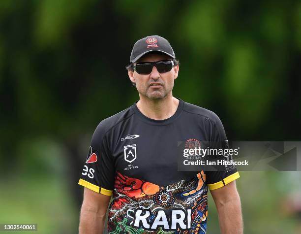 Indigenous All Stars coach Laurie Daley looks on during an Indigenous Men's All-Star training session at Townsville Sports Reserve on February 17,...