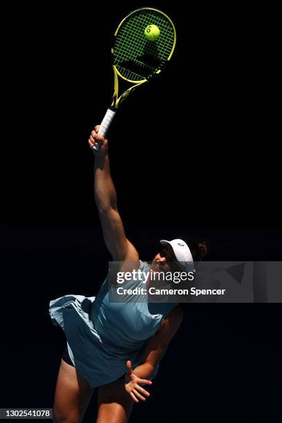 Jennifer Brady of the United States serves in her Women’s Singles Quarterfinals match against Jessica Pegula of the United States during day 10 of...