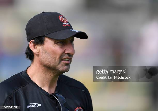 Indigenous All Stars coach Laurie Daley looks on during an Indigenous Men's All-Star training session at Townsville Sports Reserve on February 17,...