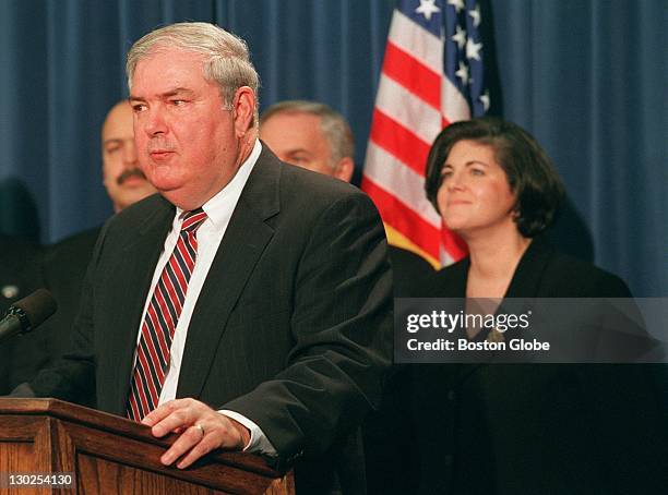 Richard S. Swensen addresses the media at a State House press conference after being introduced by acting Governor Jane Swift as the Director of the...